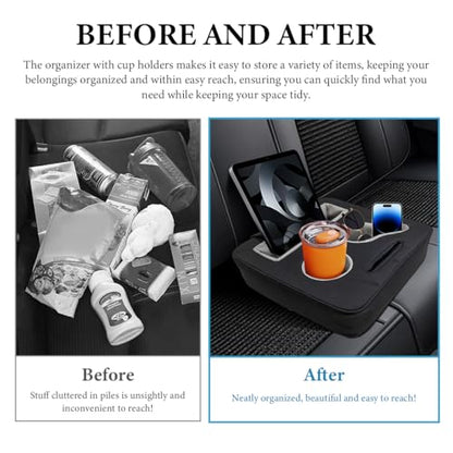 Car Back Seat Organizer, Leather Automotive Rear Seat Couch Cup Holder Expander Tray, Vehicle Cup Holder Tray Holds Snacks Remotes Phones for Truck RV Boat Couch Pillow Bed - color: Black