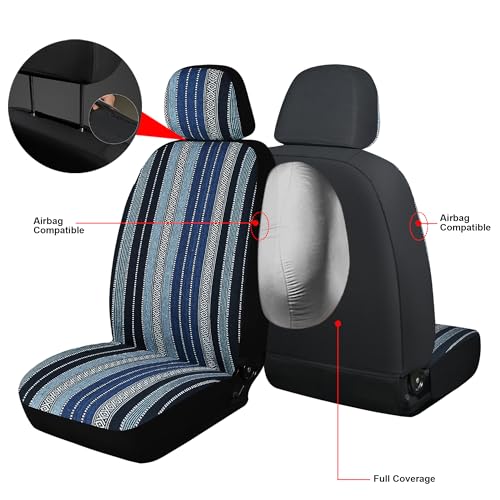 Baja Saddle Blanket Car Seat Covers, Boho Striped Woven Front Seat Protectors, Washable & Breathable Interior Covers, Universal Fit for Most Cars SUVs Trucks, Airbag Compatible, Blue, 2 pcs. - color: BLUE-0
