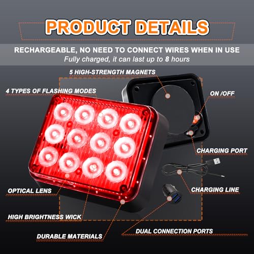 2PCS LED Red Strobe Lights Magnetic Flashing Lights Rechargeable Beacon Safety Warning Emergency Lights Magnetic Trailer Lights Wireless Battery Powered Strobe Lights for Trucks Vehicles Car - color: Red