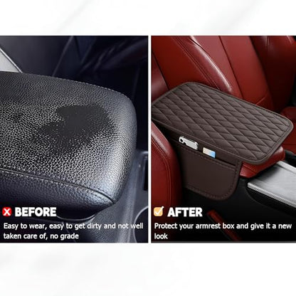 Car Center Console Cover, Leather Vehicle Armrest Seat Box Cushion Pad with Storage Bags, Waterproof Automotive Middle Console Protector, Universal for SUV RV Truck (Coffee) - color: Coffee