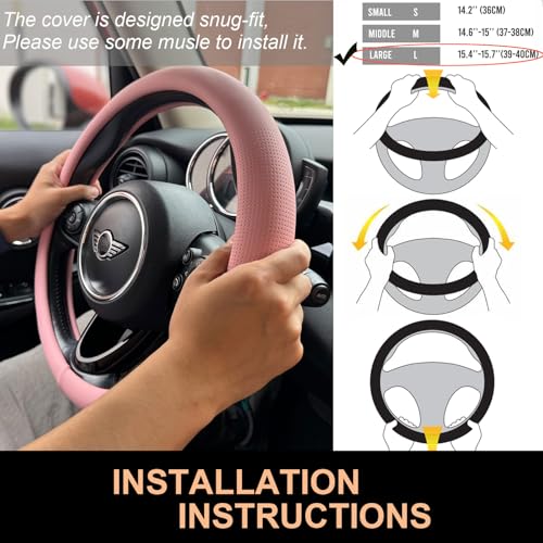 PINCTROT Large Size Nappa Leather Steering Wheel Cover, Slim Fit No Bulk Design, One Piece Leather with Breathable Perforation, Fit Like Gloves, 15.5-15.75 Inch(Nappa Pink) - color: 04.Pink, size: Large Size[15 1/2''-15 3/4'']