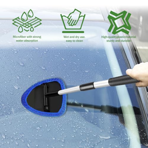 Windshield Cleaning Tool, Car Window Cleaner with 4 Washable Reusable Microfiber Pads, Auto Interior Exterior Extendable Long Handle Glass Wiper Cleaning Kit Universal for Office and Home (Blue) - color: Blue