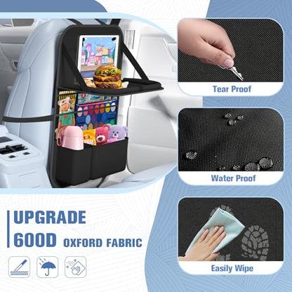 Car Backseat Organizer with table Tray, 9 Storage Pockets Backseat Car Organizer with Tablet Holder, Back seat Organizer for Kids Road Trip Essentials Travel (1Pack) - style: 1Pack with Food Tray-Black