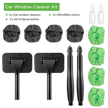 Frienda 2 Set Windshield Cleaner Tool Inside Car Windshield Cleaning Wand Auto Window Cleaner with Detachable Handle, 8 Reusable Microfiber Pads and 2 Spray Bottles for Car Interior(Gray, Green) - color: Gray, Green