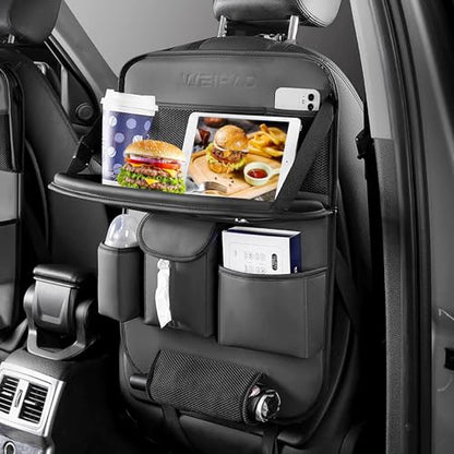 Backseat Car Organizer with Tray Foldable, Tissue Holder, Cup Holder, Leather Seat Back Car Storage Organizer for Family, Kids, Travel, Office Use, Universal Fit Sedans SUVs most Vehicles (Black-1PC)