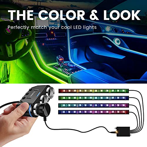 YANTU Cigarette Lighter Adapter & Splitter with 150W 3-Sockets & LED Ambient Lighting, Dual USB Fast Charging Car Outlet 12V, Car Cigarette Lighter Socket Plug Extension for Vehicles - color: BLACK