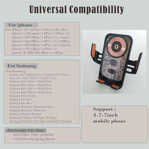 Wireless Car Charger Mount, 15W Fast Charging Auto Clamping Car Charger Holder for iPhone/Samsung for iPhone 17 16 15 14 13 12 11 Pro,Samsung Galaxy S26 Ultra S25 S24 Ultra S23 S22 S21 S20