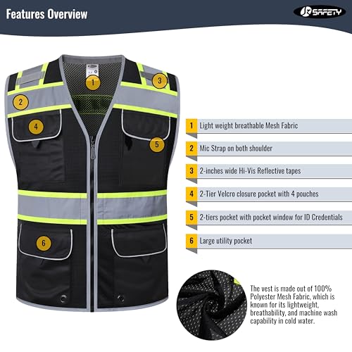 JKSafety Hi-Vis Unisex Surveyor Safety Vest Heavy Duty PPE Inner Pockets ANSI/ISEA Compliant - color: Jk189-black, size: 3X-Large