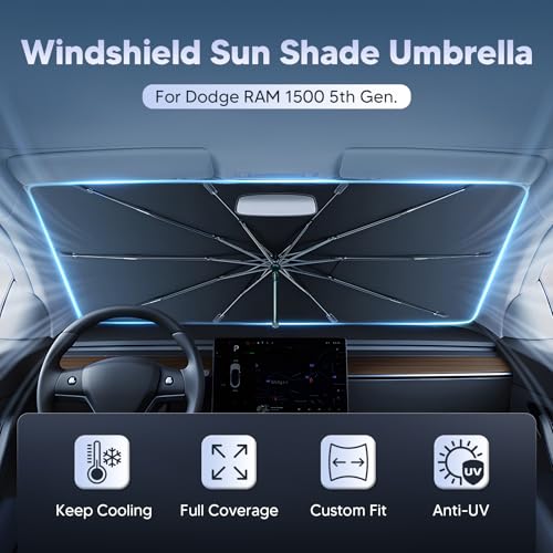 Autorder Windshield Sun Shade Umbrella for 2019-2026 Dodge RAM 1500 Accessories,Upgraded Ice Crystal Material,Easy Setup Umbrella Sunshade for Car Windshield,100% Sun Blocking - size: Dodge Ram 1500 2019-Present