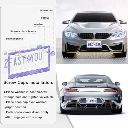 2 Pack License Plate Frames for Women, Sparkly Rhinestone Diamond Car Accessories with Glitter Crystal Caps (Purple (2PCS)) - color: Purple (2PCS)