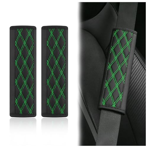 2PCS Car Seat Belt Cover Pads,Leather Seatbelt Covers Protect Shoulder and Neck Car Accessories Interior,Universal Car Seat Strap Pads Car Decorations for Most Cars Trucks (Black/Green) - color: Black/Green