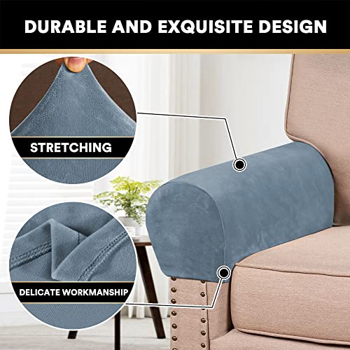 PrinceDeco 4 Pack Thick Velvet Stretch Armrest Covers for Chairs & Sofas - Non Slip, Stone Blue - color: Stone Blue