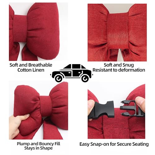 Car Seat Neck Pillow Elegant Bow Car Headrest Pillow Set - Cotton Linen Neck Cushion Universal Fit for Women Comes with 2 Seat Belt Covers (Red Set 4Pcs) - color: Red Set 4pcs
