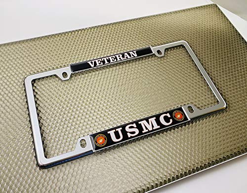 [Officially Licensed US Marine Corps Product] - USMC Veteran - Domed Custom-Made Personalized Narrow (Thin) Top 4 Hole Metal Car License Plate Frame with Free caps - Chrome Frame (Qty: 1) - color: Chrome - Style 1