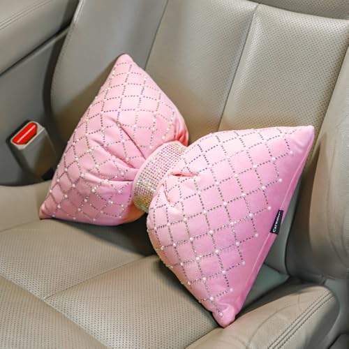 Carwales Pink Bow Lumbar Support Pillow for Car Accessory Women Girl Couch Cushion Decorative Back Pillow Bling Rhinestone Pearls 1 Pack - color: Lumbar Pink