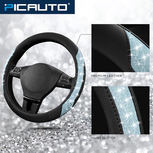 PIC AUTO Steering Wheel Cover, Light Blue Sparkly Crystal Bling Glitter with Leather, Universal Fit 14.5"-15.5" Steering Wheels for Girls & Women, Anti-Slip Wheels Cover for Cars, Trucks, Van, SUVs - color: Light Blue Glitter