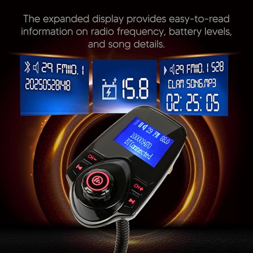 ONN Upgraded 2026 Bluetooth Car FM Transmitter, 1.44” LCD Display, Flexible Gooseneck, Hands-Free Calling, Dual USB Fast Charger, AUX & Micro SD Support for Cars, SUVs & Trucks