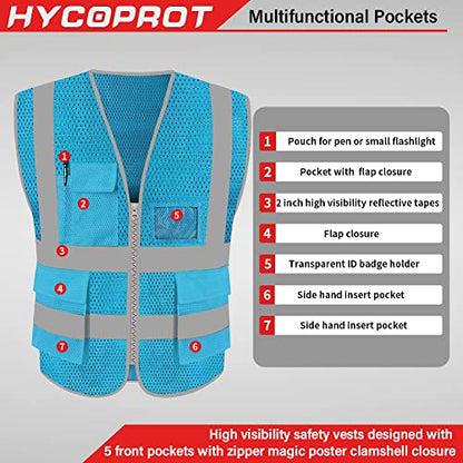 HYCOPROT High Visibility Mesh Safety Reflective Vest with Pockets and Zipper, Meets ANSI/ISEA Standards - color: Skyblue, size: Small