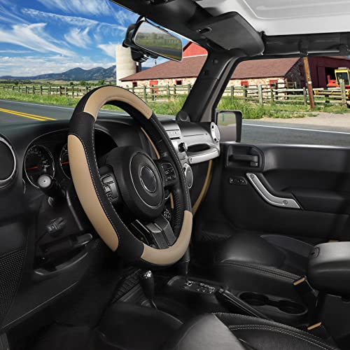 SEG Direct Car Steering Wheel Cover for F-150 Tundra Range Rover 15.5-16 inch, Black and Beige Microfiber Leather - color: Black and Beige, size: Large size[15 1/2''-16'']
