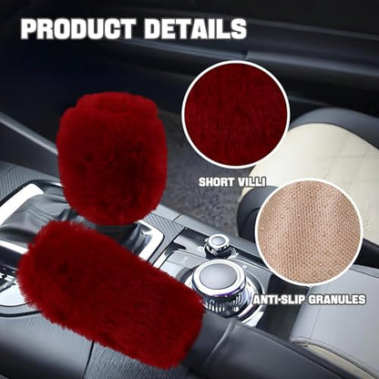 Hovom 2PCS Fluffy Car Gear Shift Knob Cover & Handbrake Cover, Soft Plush Hand Brake Handle & Gear Shift Cover for Women Girls, Universal Comfortable Warm Furry Car Accessories (Wine Red) - color: Wine Red