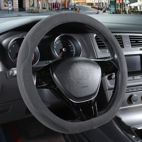 14 inch Gray Suede D Shaped Steering Wheel Cover, Breathable Non-Slip Sweat-Proof Wear-Resistant No Pilling, Warm in Winter and Cool in Summer - color: Gray, size: D Shape-S[13.5''-14'']