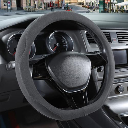 14 inch Gray Suede D Shaped Steering Wheel Cover, Breathable Non-Slip Sweat-Proof Wear-Resistant No Pilling, Warm in Winter and Cool in Summer - color: Gray, size: D Shape-S[13.5''-14'']