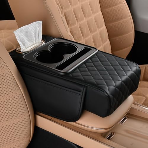 Multifunctional PU Leather Car Armrest Box Mat, 5-in-1 Center Console Cushion Cover with Storage Box, Cup & Phone Slot & Tissue Holder, Universal Waterproof Interior Organizer (Black) - color: Black