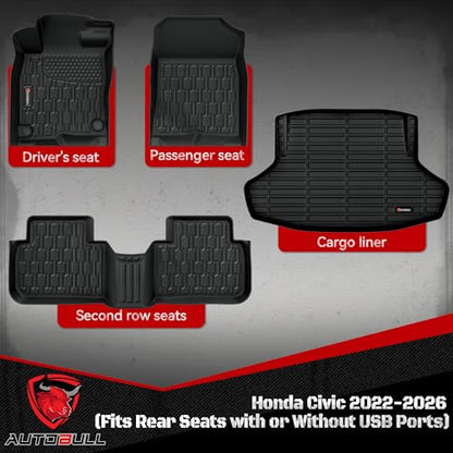 Floor Mats & Cargo Liner Fit with 11th Gen Honda Civic 2022-2025 2026 Sedan (Fits Rear Seats with or Without USB Ports), Full Set All Weather Protection 1st, 2nd Row Car Liners & Trunk Mat - style: Honda Civic 2022-2025
