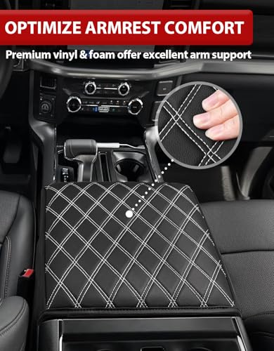 KBH Center Console Armrest Cover for 2021-2026 Ford F150, Middle Console Lid Protector, Arm Rest Box Cushion, Anti-Scratch, Black-Gray Stitch (Fits Bucket Seat Console Only) - size: Bucket Seat, 21-26 F150, Gray Stitch
