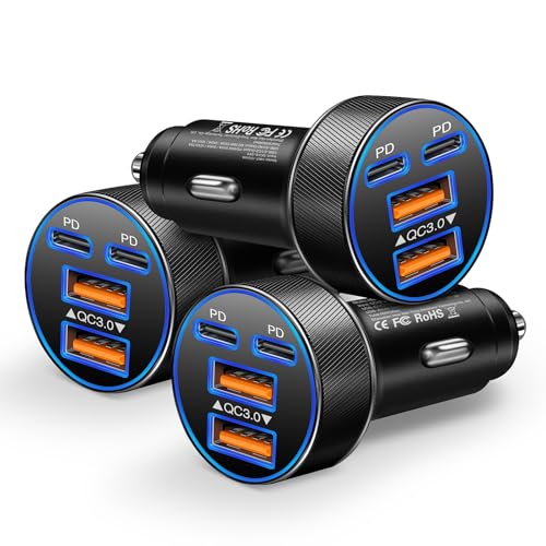 USB C Car Charger, Multi Port 90W Super Fast Charging Cigarette Lighter Adapter, 4-in-1 Dual USB-C & USB-A Car Phone Power Adapter for iPhone 17/16/15/Pro Max, iPad, Samsung Galaxy S25 (Black, 3-Pack) - size: 3-Pack