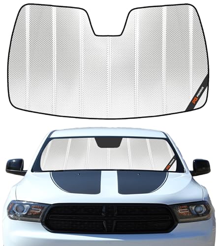 Pigenius Windshield Sun Shade for Dodge Durango 2011-2020. Reflective Aluminum Film Front Window Sunshade - BLAZBLOCK - color: Shiny Silver, size: 2011-2020 Durango