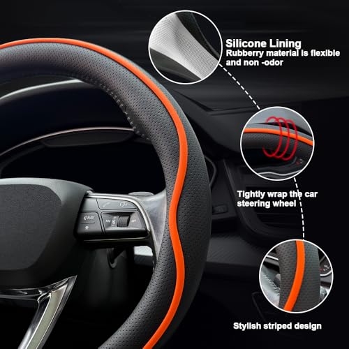 HAOTULE Leather Steering Wheel Cover， with Anti-Slip Stripe Design - Enhanced Grip, Fashion Style, Safe, Non-Slip, Breathable. Upgrade car Interior，Orange - color: Black Orange