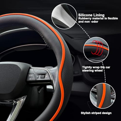 HAOTULE Leather Steering Wheel Cover， with Anti-Slip Stripe Design - Enhanced Grip, Fashion Style, Safe, Non-Slip, Breathable. Upgrade car Interior，Orange - color: Black Orange
