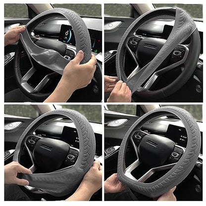Universal Gray Steering Wheel Cover：13.5 to 15 Inches Flexible Silicone Anti Slip Steering Wheel Protector Fit for Most Car Models Including Round D Shape or Special Shape - color: Grey