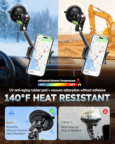 Heavy Duty Phone Mount for Truck, Suction Cup Windshield Car Phone Holder, Ultra-Durable Mteal Phone Holders for F- 150 RAM Silverado Kenworth Peterbilt Freightliner, 360° Anti-Shake Car Phone Mount - style: Extended green