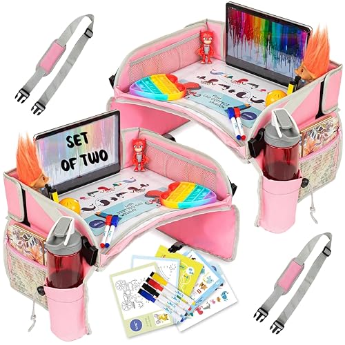 PILLANI Kids Travel Tray for Car Seat - Carseat Tray w/ iPad Holder & Dry Erase Board, Road Trip Activities - Toddler Lap Desk Organizer for Airplane - Roadtrip & Travel Essentials - Pack of 2, Pink - color: 2-pack Pink
