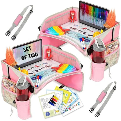 PILLANI Kids Travel Tray for Car Seat - Carseat Tray w/ iPad Holder & Dry Erase Board, Road Trip Activities - Toddler Lap Desk Organizer for Airplane - Roadtrip & Travel Essentials - Pack of 2, Pink - color: 2-pack Pink