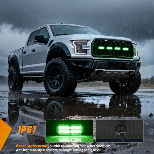 Nilight 4PCS 24LED Emergency Strobe lights 12V 24V Green Surface Mount Grille Hazard Safety Warning Light Sync Feature Side Flashing Marker Flash for Car Truck Campers - color: Green