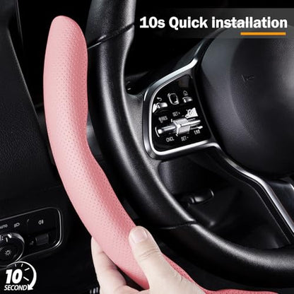 Nappa Leather Car Steering Wheel Cover for Men Women, Ultra-Thin Non-Slip Breathable Microfibre, Universal for 14.5"-15" Steering Wheel - Pink - color: Pink