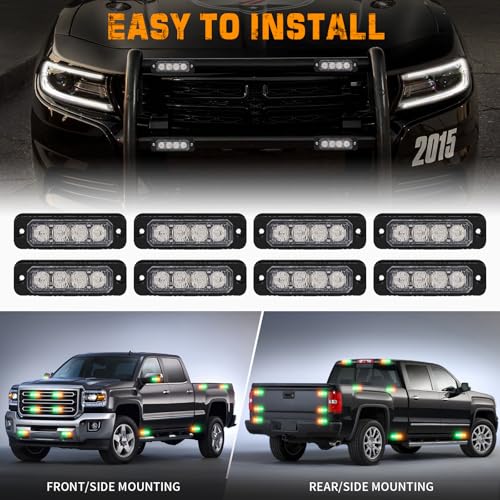XRIDONSEN 8PCS Sync Truck Grill Strobe Lights 32 LED Amber Green Emergency Lights Grille Surface Mount Strobe Flashing Warning hazard Caution Safety Light for Tow Plow Trucks Construction Vehicles Car - color: Amber/Green