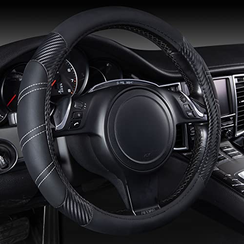 CAR PASS Line Rider Microfiber Leather Sporty 14.5-15 inch Steering Wheel Cover Universal Fits for 95% Truck,SUV,Cars, Anti-Slip Safety Comfortable Design (Black Carbon Fiber) - color: Black＆Carbon Fiber, size: Standard[14.5"-15"]