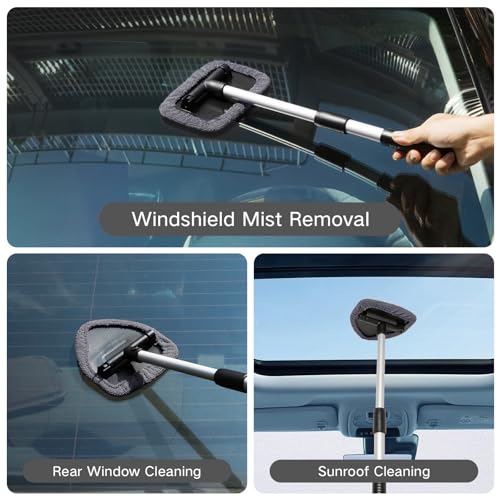 Qydipclin 10pcs Windshield Cleaning Tool Inside Car Window Cleaner Wash Kit with 4 Reusable Microfiber Pads 1 Spray Bottle and Extendable Handle Interior Auto Glass Wiper Kit, Gray - color: Gray