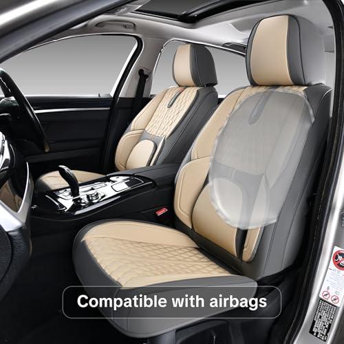 Khaki Car Seat Cover Complete Set, Universal Car Seat Cover for Car with Lumbar Support, Premium Artificial Leather, Waterproof and Easy to Clean, Airbag Compatible, Seat Heating Compatible - color: Khaki
