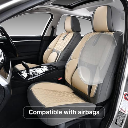 Khaki Car Seat Cover Complete Set, Universal Car Seat Cover for Car with Lumbar Support, Premium Artificial Leather, Waterproof and Easy to Clean, Airbag Compatible, Seat Heating Compatible - color: Khaki