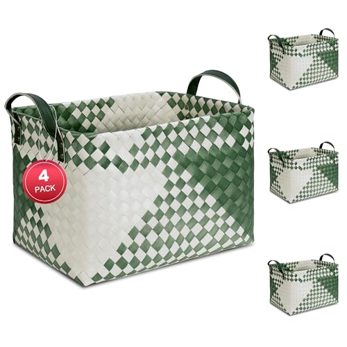 15L Laundry Baskets Waterproof Storage Baskets For Shelves Large Laundry Hamper With Leather Handle -set of 6 Cube Organizers Woven Bins for Bathroom,Bedroom,Pantry,Clothes,Car & Towels-Green - color: Green*4 Set