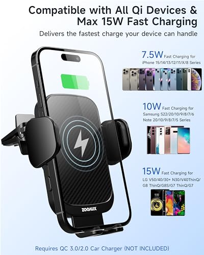 Wireless Car Charger Vent Mount, 15W Fast Charging Auto-Clamping Car Mount, Air Vent Car Phone Holder for iPhone 15/15 Pro/14/13 Pro/XS/XR/X/8,Samsung S24/S23/22/S21/S10 (Black)