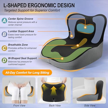 Allaboutsla Memory Foam Car Seat Cushion with Lumbar Support, L-Shaped Ergonomic Design for Long Driving, Pressure-Relief Comfort for Car, SUV, Semi Truck & Office Chair