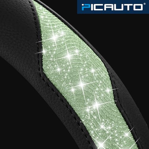 PIC AUTO Steering Wheel Cover, Green Sparkly Crystal Bling Glitter with Leather, Universal Fit 14.5"-15.5" Car Steering Wheels for Girls & Women, Anti-Slip Wheels Cover for Cars, Trucks, Van, SUVs - color: Green Glitter