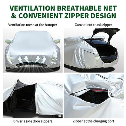 TECOOM Car Cover Fit for Tesla Model 3 - Waterproof All Weather, 2017-2023 Model 3 Cover with Fleece Lining, Ventilated Mesh, Charge Port Opening, Zipper Door, Trunk Opening - size: Tesla: Model 3