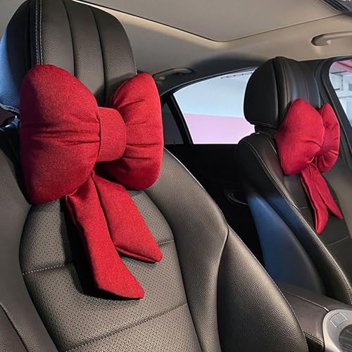 Car Seat Neck Pillow Elegant Bow Car Headrest Pillow Set - Cotton Linen Neck Cushion Universal Fit for Women Comes with 2 Seat Belt Covers (Red Set 4Pcs) - color: Red Set 4pcs